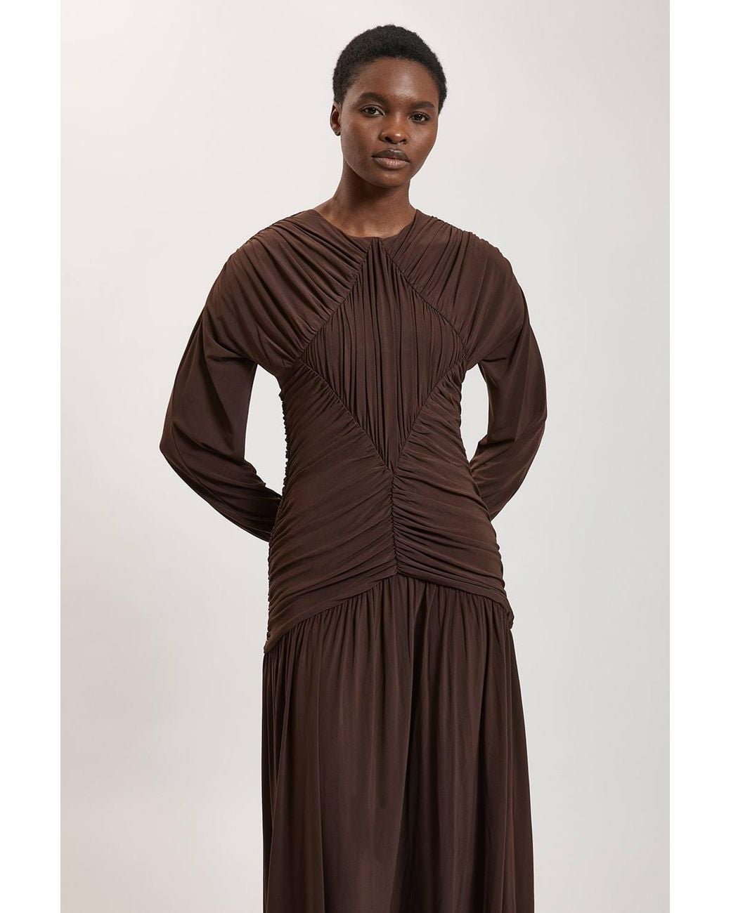 Karen Millen Brown Premium Ruched Long Sleeved Jersey Maxi Dress