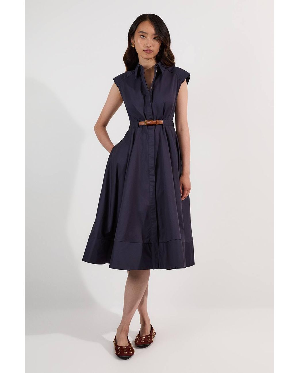 Karen Millen Blue Tailored Cotton Belted Collared Full Midi Dress
