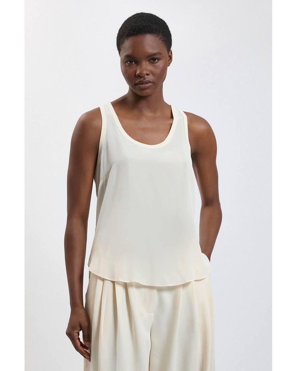 Karen Millen White Silk Front Knit Trim Detail Jersey Vest Top
