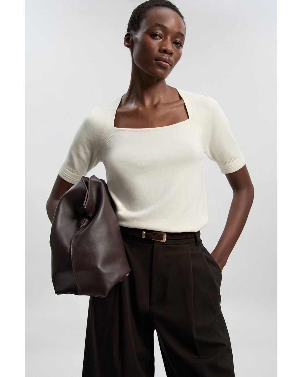 Karen Millen White Forever Viscose Blend Square Neck Knitted Short Sleeve Top