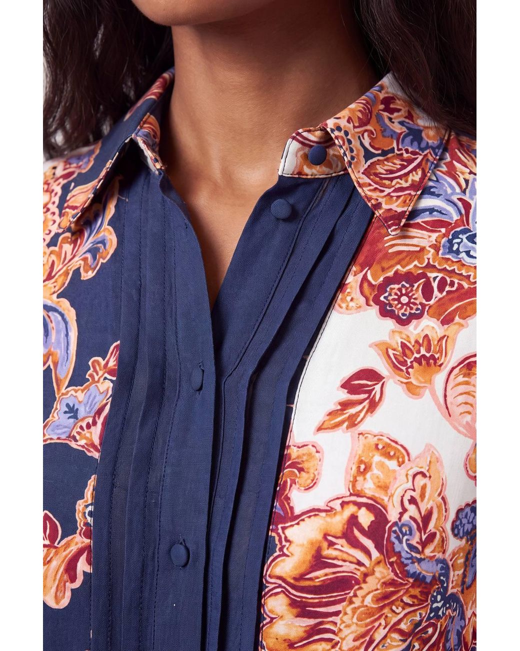 Karen Millen Blue Baroque Print Tie Sleeve Detail Viscose Shirt