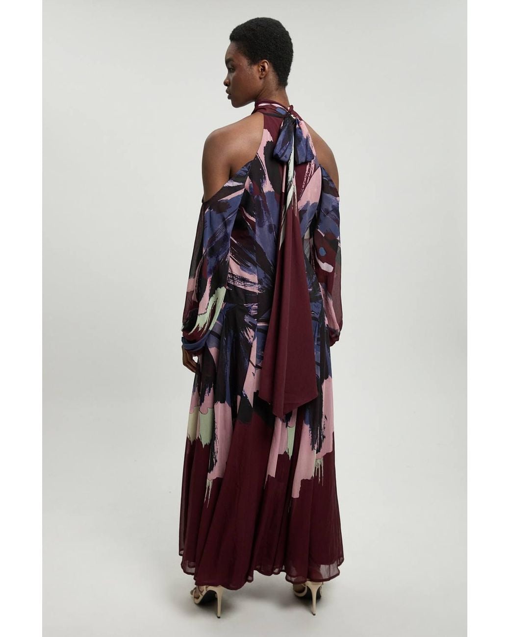 Karen Millen Red Photographic Floral Crinkle Georgette High Neck Cold Shoulder Woven Maxi Dress