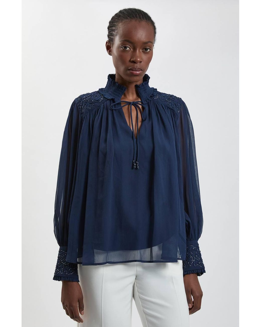 Karen Millen Blue Hand Embellished Georgette Blouse