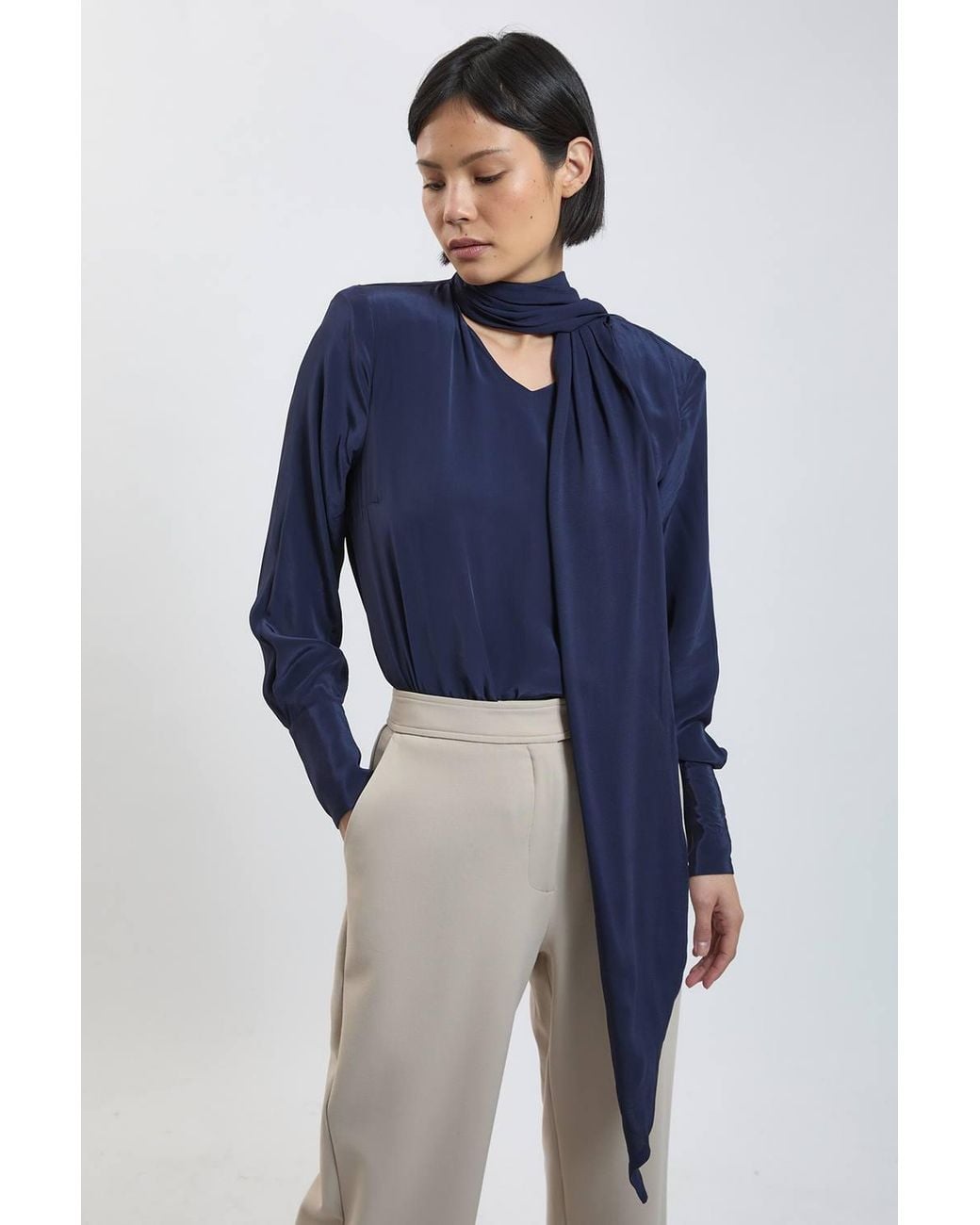 Karen Millen Blue Petite Scarf Detail Viscose Top