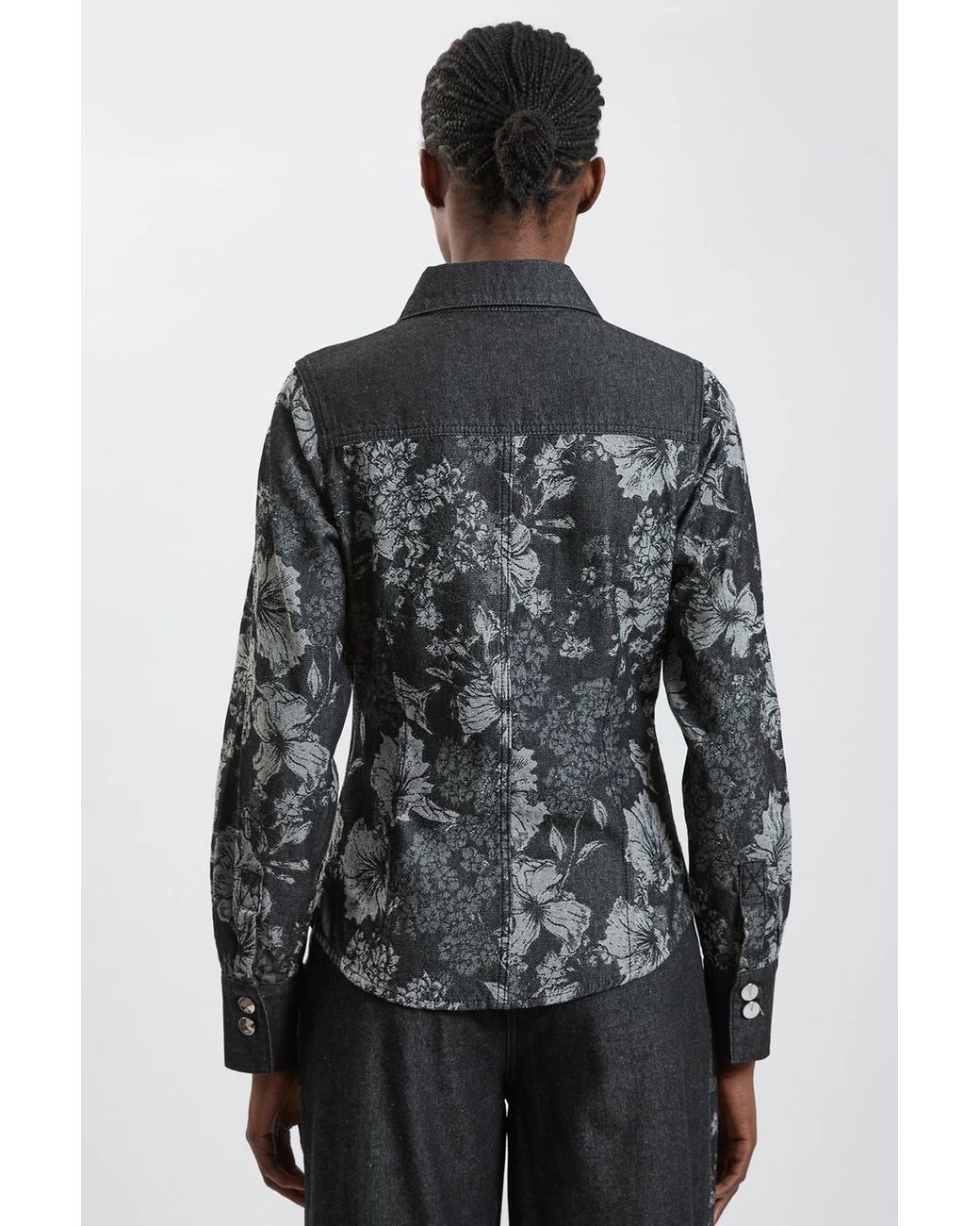 Karen Millen Black Jacquard Denim Contrast Collar And Cuff Shirt