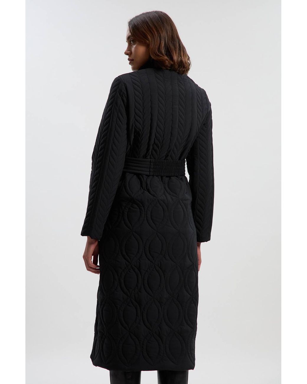 Karen Millen Black Multi Stitch Detail Belted Padded Midi Coat