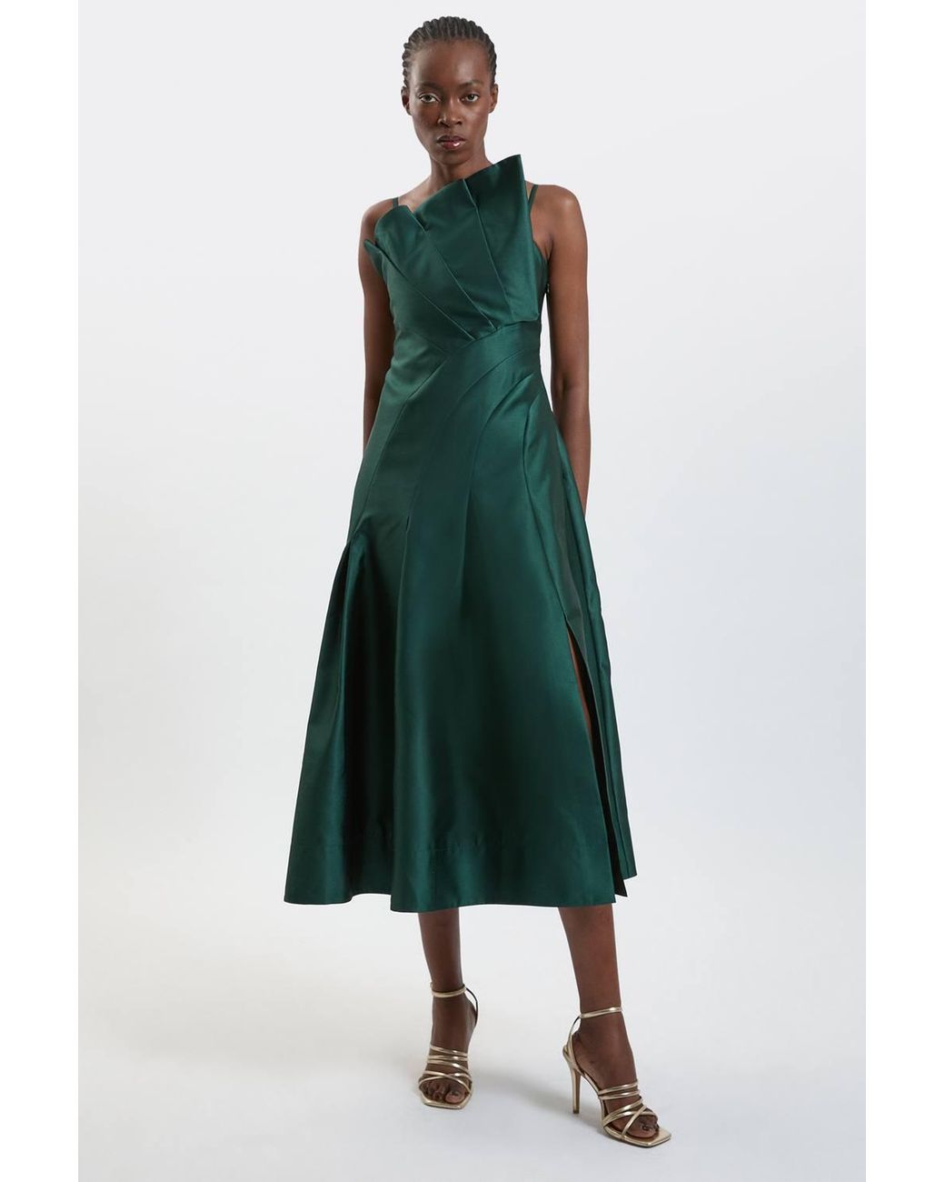 Karen Millen Green Structured Satin Asymmetric Full Maxi Dress