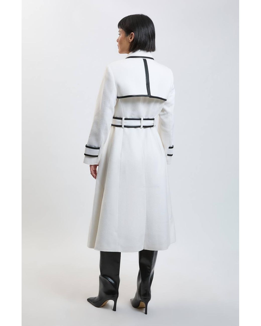 Karen Millen White Petite Brushed Wool Pu Trim Belted Tailored Double Breasted Midi Coat