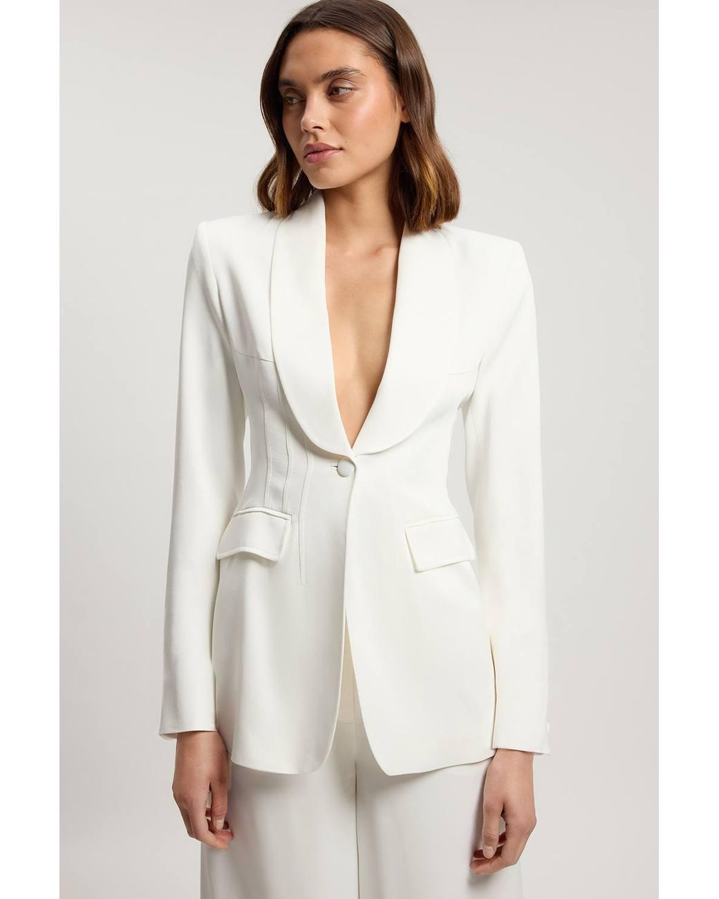 Karen Millen White Structured Satin Viscose Tailored Blazer