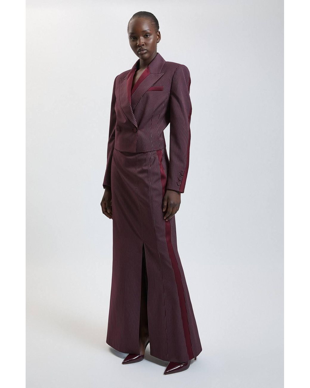 Karen Millen Purple Pinstripe Satin Mix Tailored Maxi Skirt