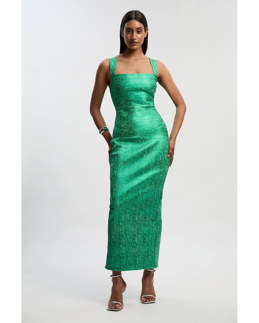 Karen Millen Green Foil Metallic Figure Form Bandage Strappy Knit Maxi Dress