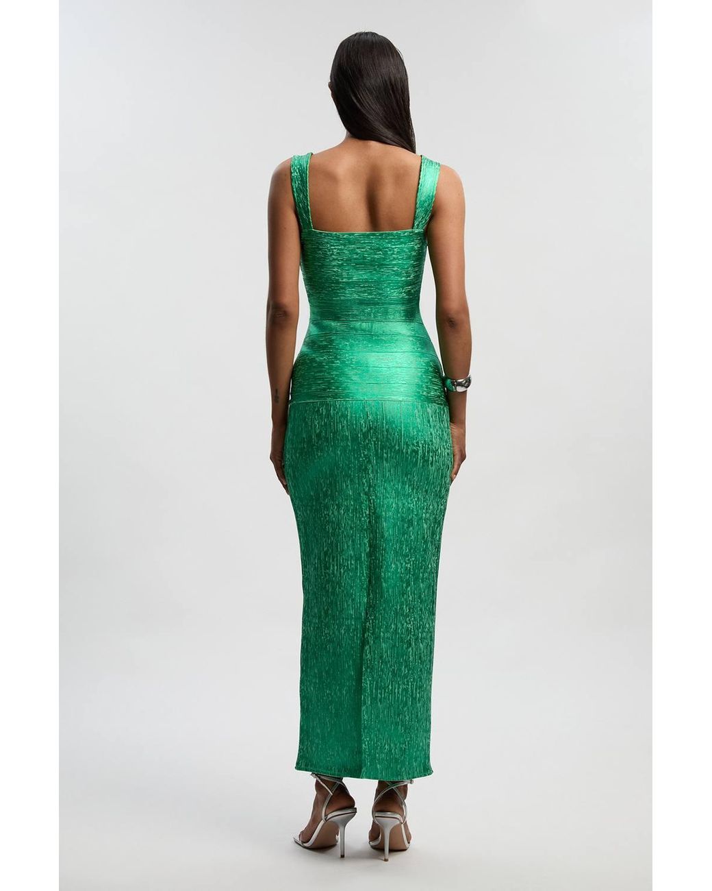 Karen Millen Green Foil Metallic Figure Form Bandage Strappy Knit Maxi Dress