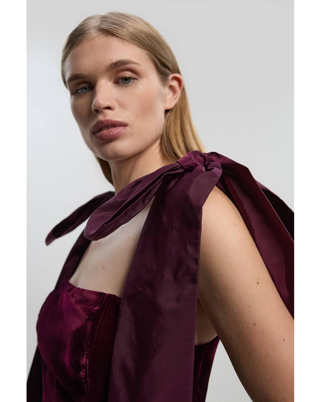 Karen Millen Purple Velvet Bardot Woven Prom Midaxi Dress With Taffeta Bow