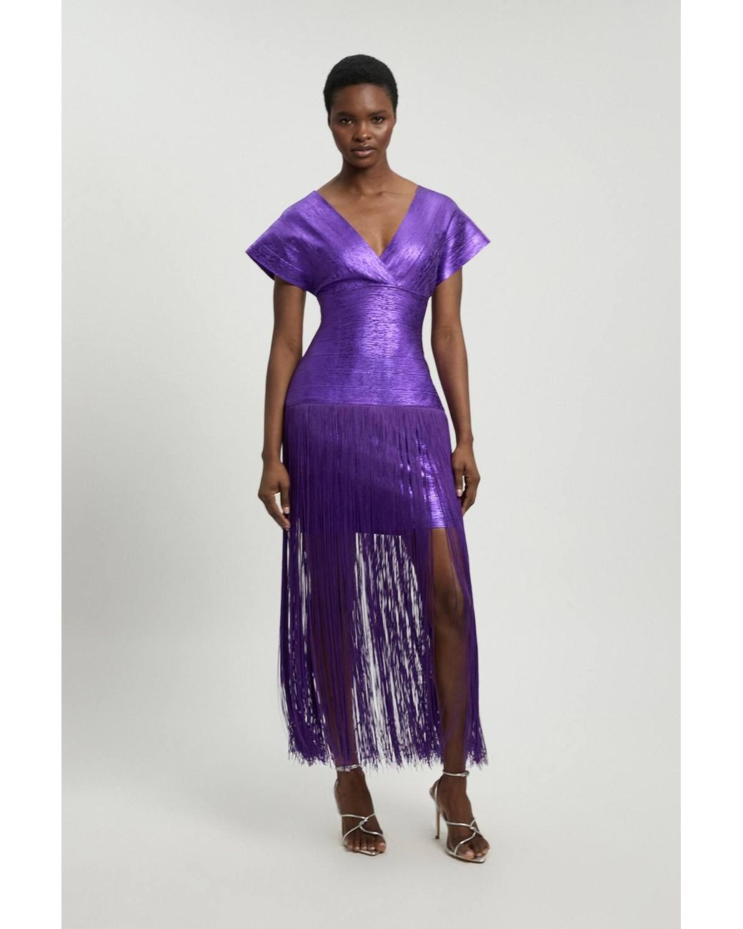 Karen Millen Purple Foil Metallic Figure Form Bandage Angel Sleeve Fringe Knit Maxi Dress