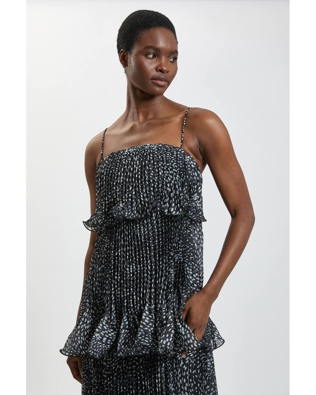 Karen Millen Black Spot Print Pleated Slub Organdie Peplum Woven Maxi Dress