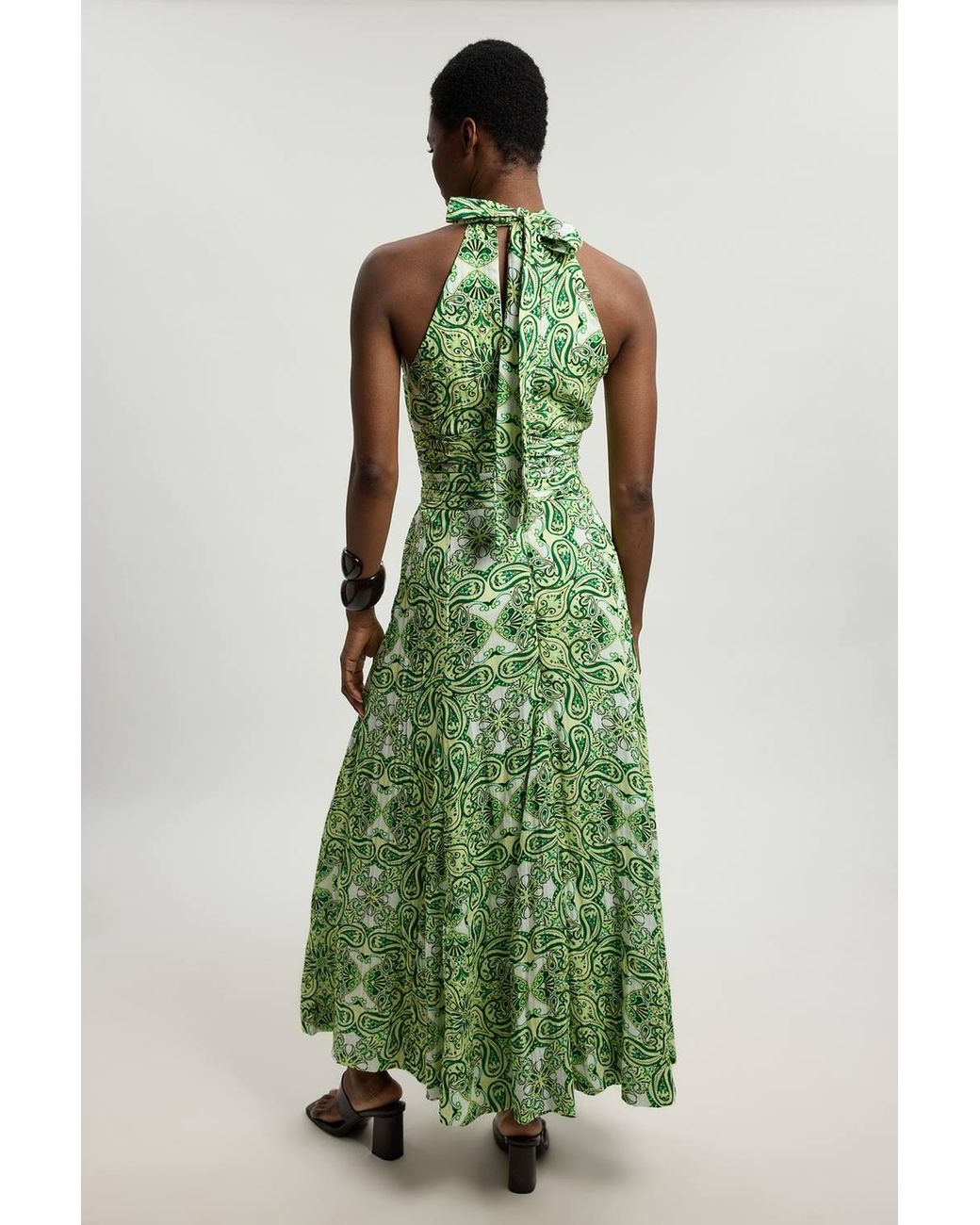 Karen Millen Green Double Cloth Tile Print Halterneck Midi Dress
