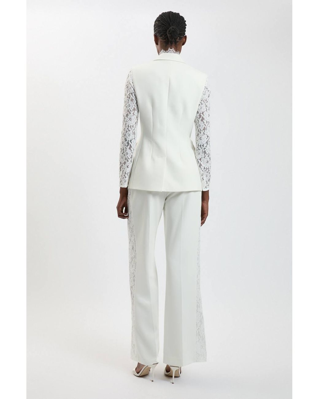 Karen Millen White Compact Stretch Lace Mix Tailored Wide Leg Trouser