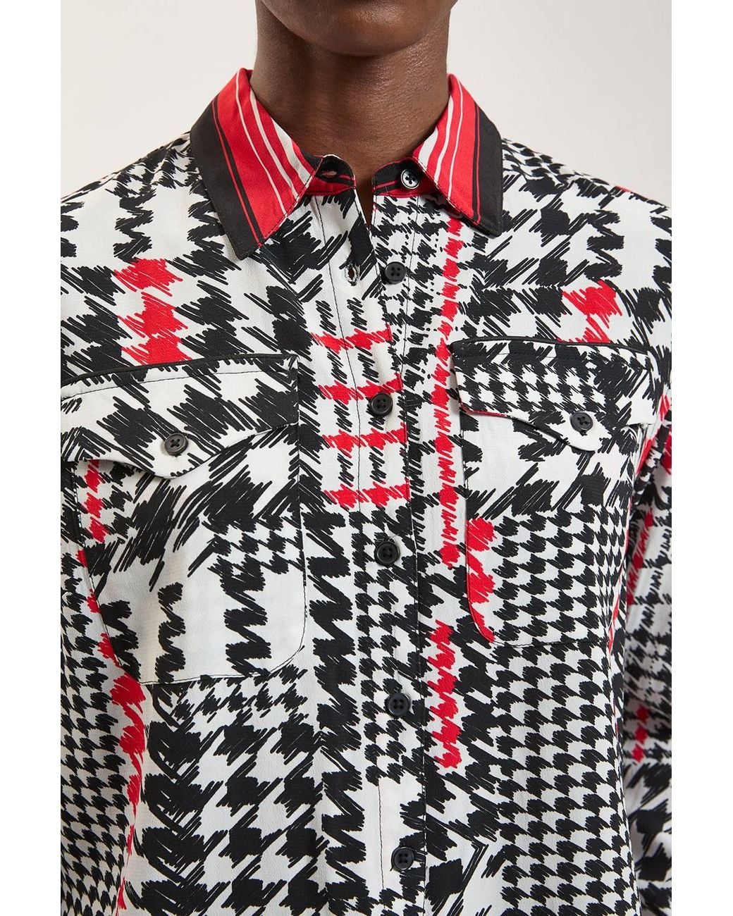 Karen Millen Red Dogtooth Print Viscose Woven Shirt