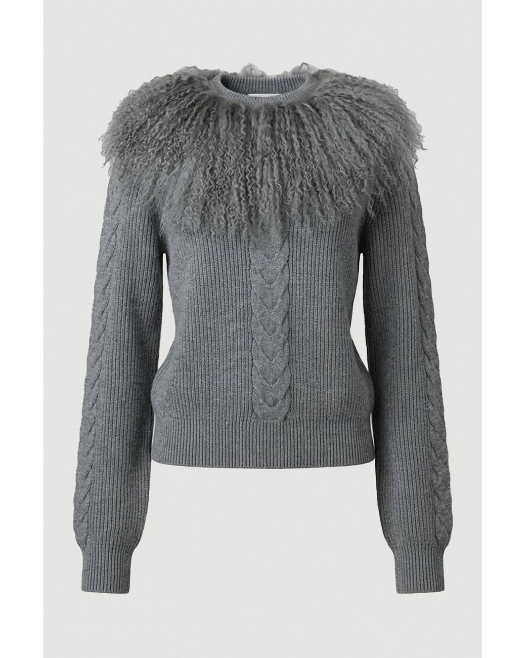 Karen Millen Cable Knit Viscose Blend Shearling Collar Jumper in Grey ...