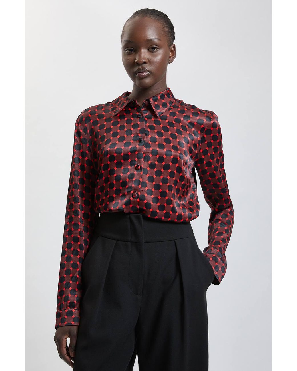 Karen Millen Red Satin Viscose Woven Printed Shirt