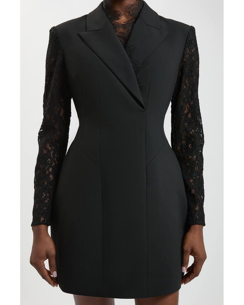 Karen Millen Black Compact Stretch Lace Sleeve Blazer Mini Dress