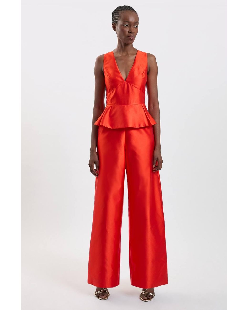 Karen Millen Red Satin Twill Peplum Wide Leg Jumpsuit
