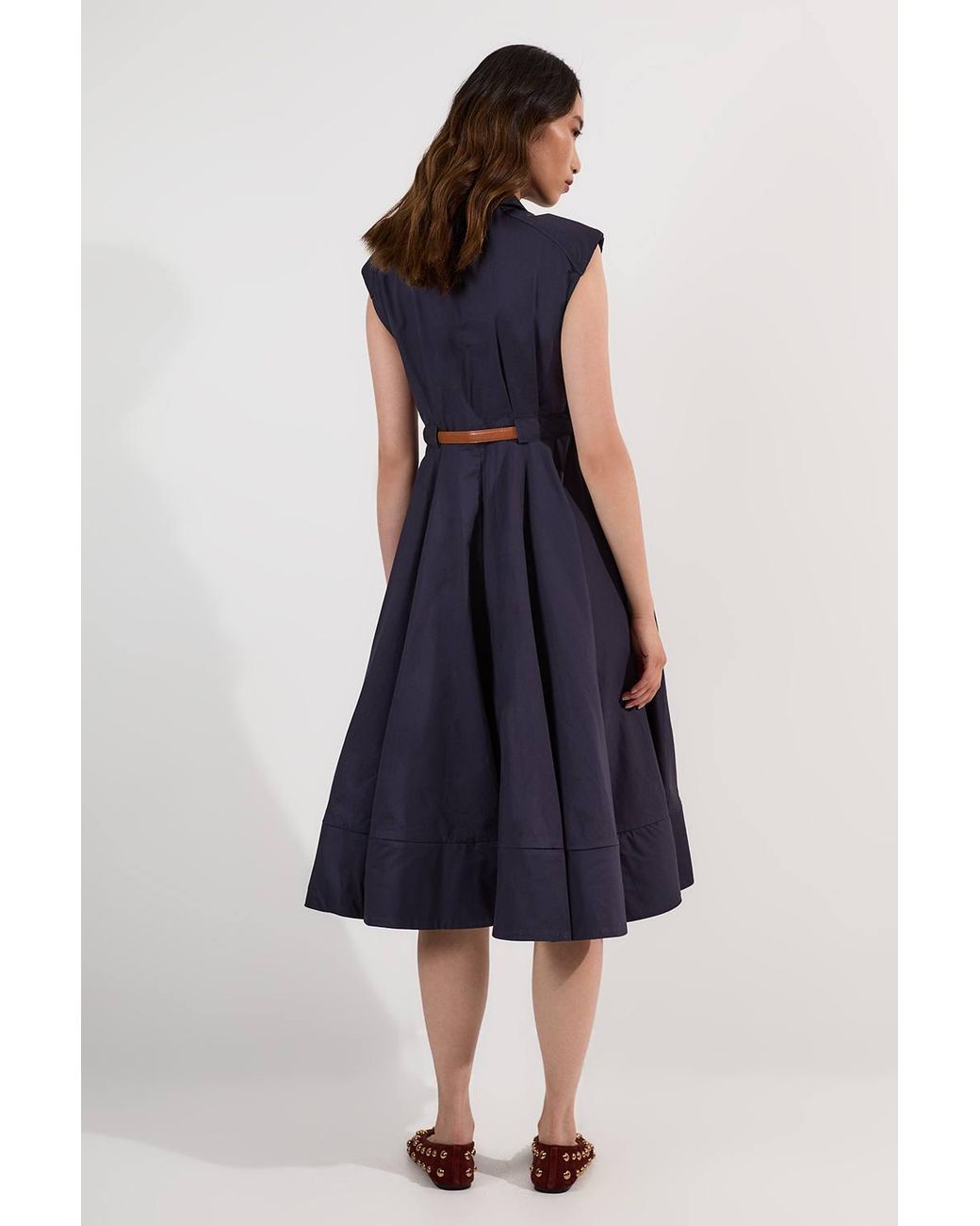 Karen Millen Blue Tailored Cotton Belted Collared Full Midi Dress