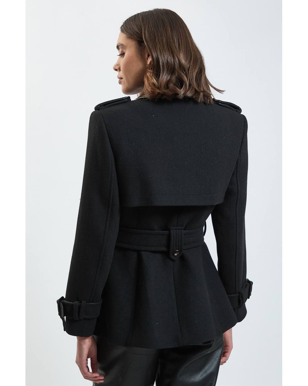 Karen Millen Black Wool & Faux Leather Detail Short Pea Coat