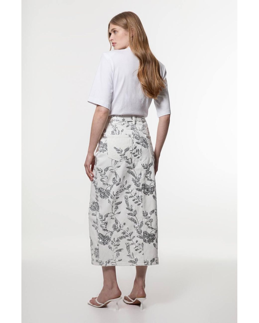 Karen Millen White Denim All Over Floral Sequin Skirt
