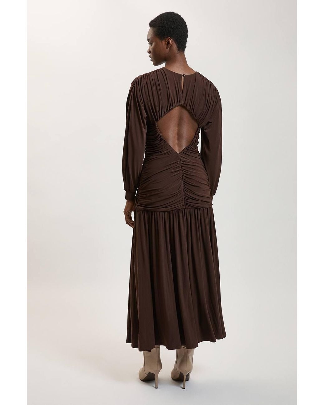 Karen Millen Brown Premium Ruched Long Sleeved Jersey Maxi Dress