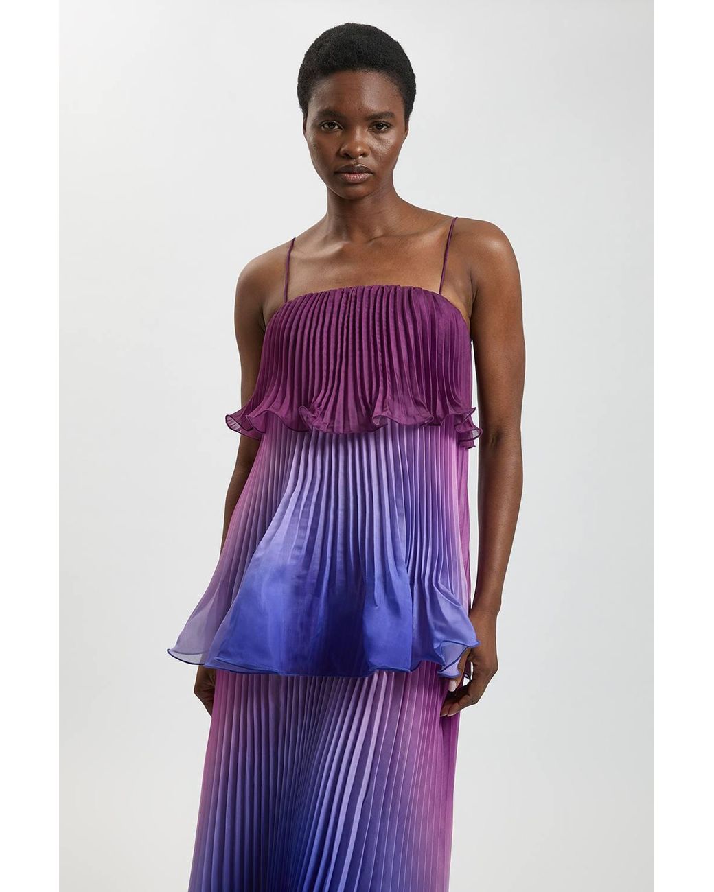 Karen Millen Purple Petite Pleated Slub Organdie Ombre Woven Maxi Dress