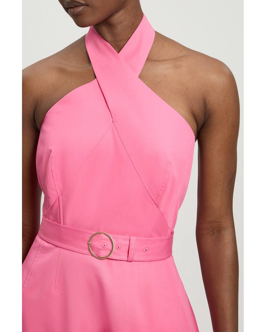 Karen Millen Pink Petite Tailored Cotton Sateen Halter Full Midi Dress