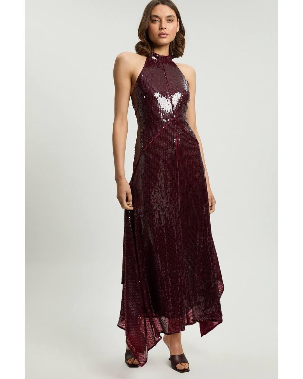 Karen Millen Red Petite Sequin Halter Neck Hanky Hem Maxi Dress