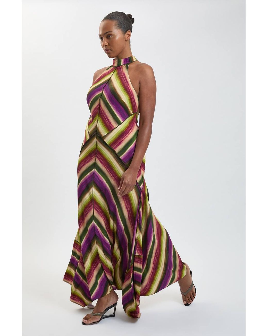 Karen Millen White Plus Size Multi Fluid Stripe Cotton Mix Woven Halter Dress