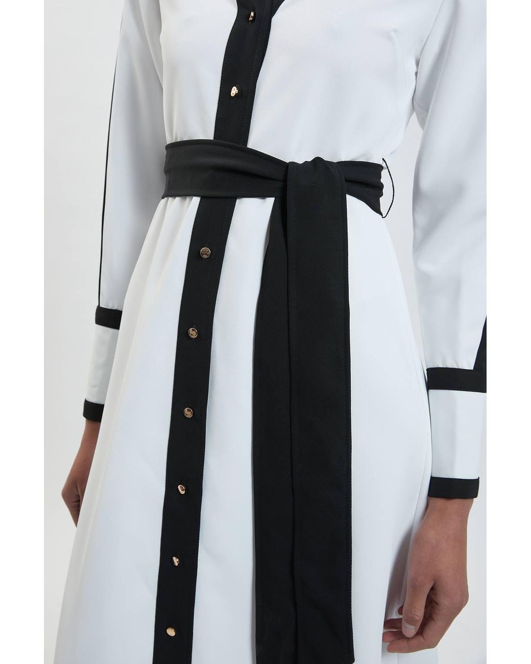 Karen Millen White Forever Colour Block Twill Woven Belted Midi Shirt Dress