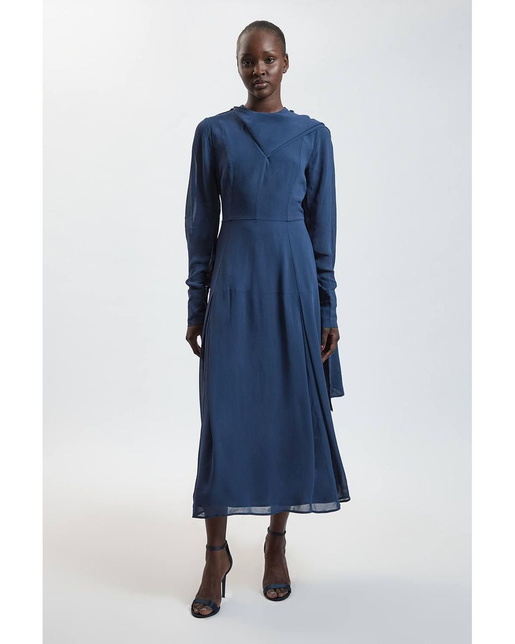 Karen Millen Blue Scarf Detail Viscose Woven Midi Dress