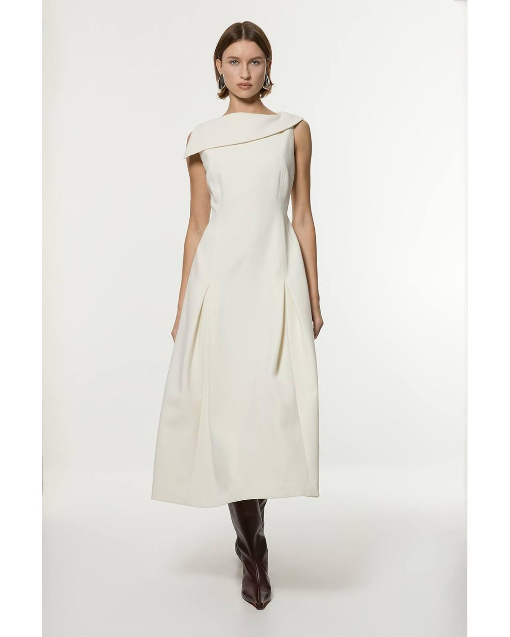 Karen Millen Natural Compact Stretch Asymmetric Neck Tailored Full Skirted Dress