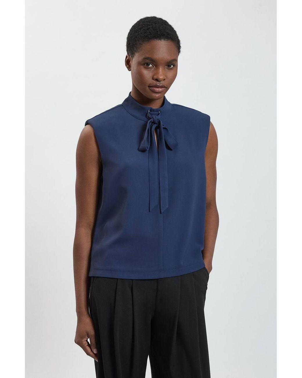 Karen Millen Blue Strong Shoulder Tie Front Sleeveless Top