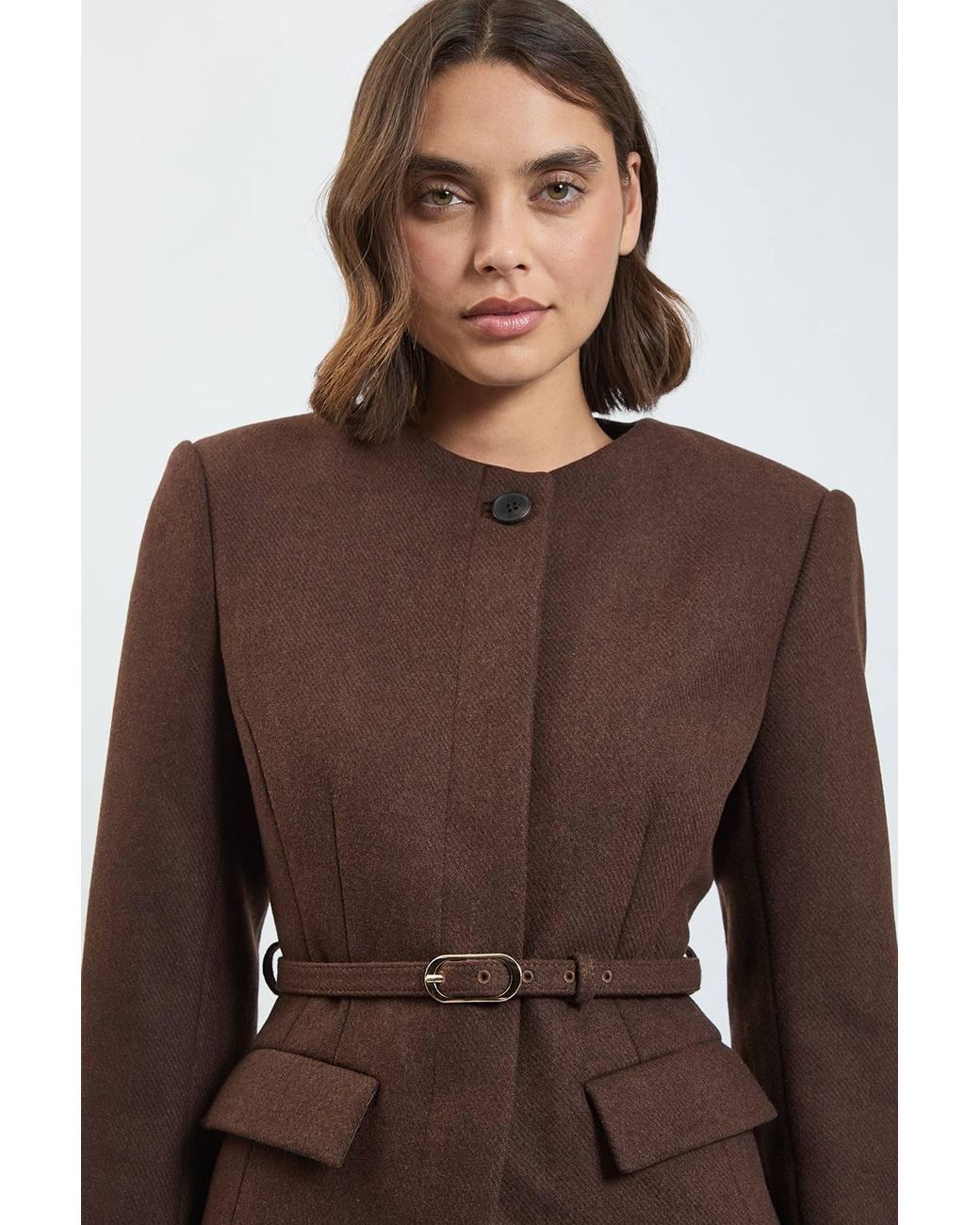 Karen Millen Brown Wool Blend Belted Collarless Tailored Coat