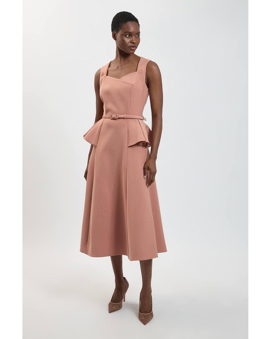 Karen Millen Pink Polished Belted Full Midi Dress