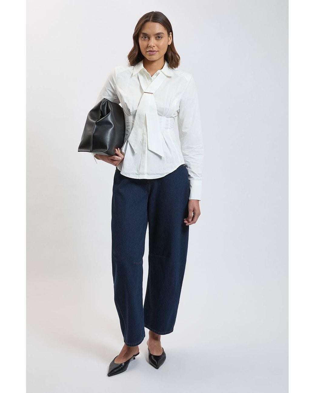 Karen Millen White Cotton Poplin Tie Neck Trim Detail Collared Shirt
