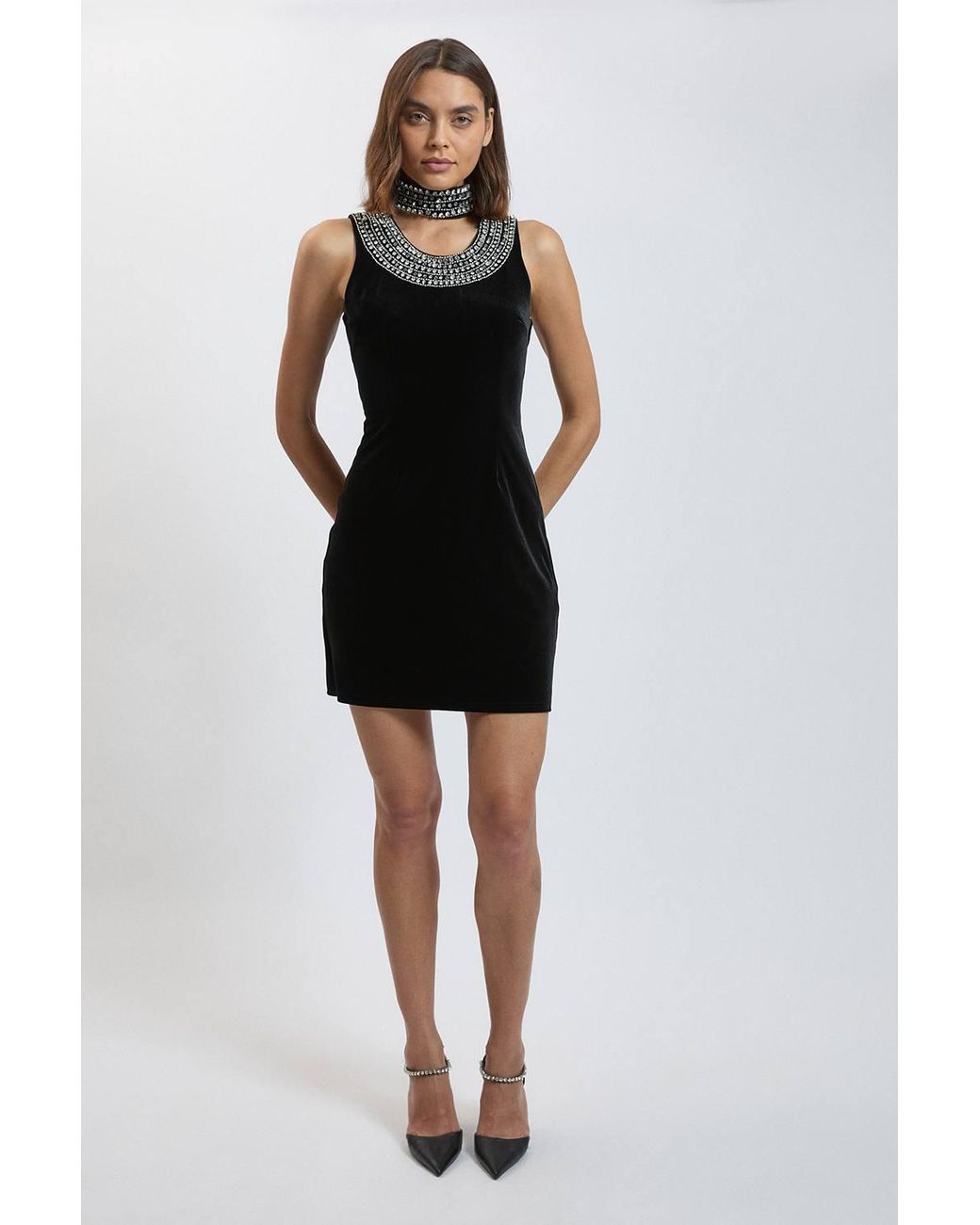 Karen Millen Black Petite Crystal Trim Velvet Mini Dress With High Neck