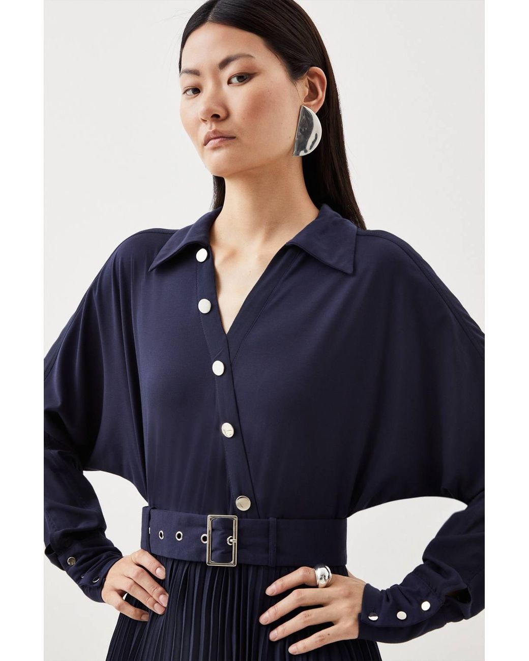 Karen Millen Blue Petite Jersey And Georgette Mix Belted Pleat Midi Dress