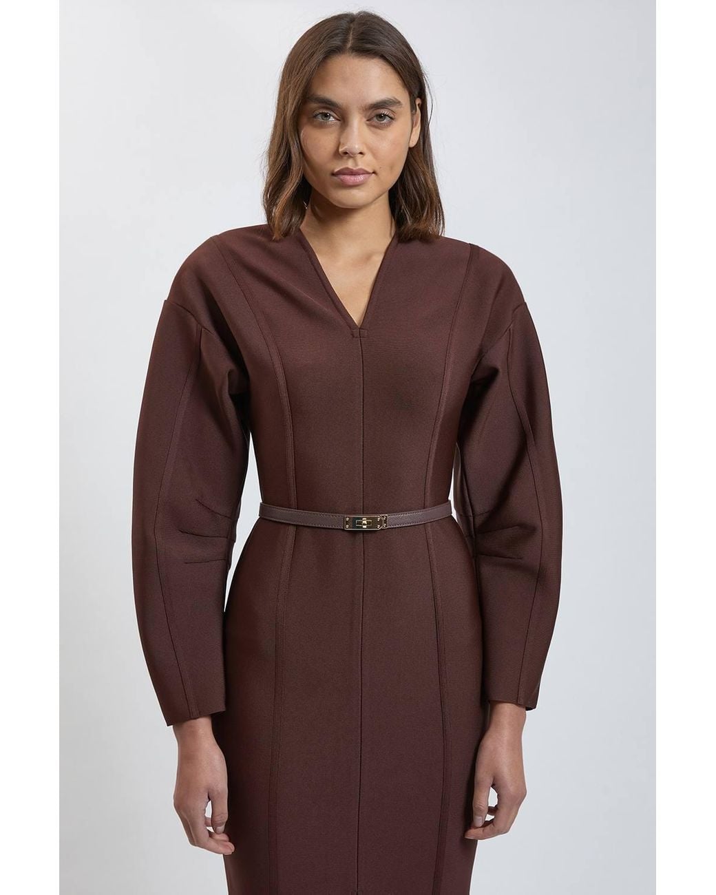 Karen Millen Brown Bandage Studded Belt Body Panelled Midi Dress