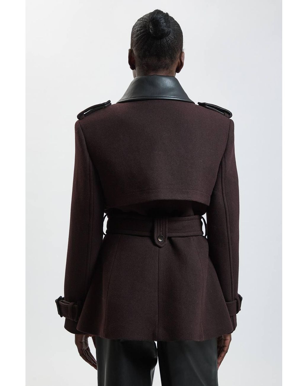 Karen Millen Black Wool & Faux Leather Detail Short Pea Coat