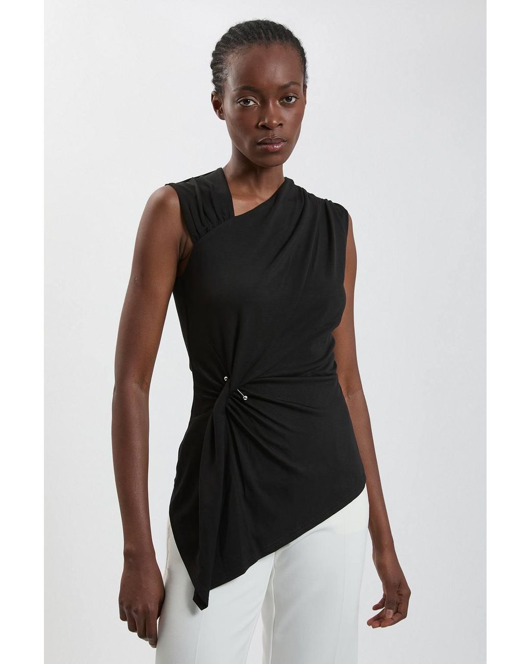 Karen Millen Black Viscose Metal Clasp Detail Jersey Top With Asymmetrical Hem