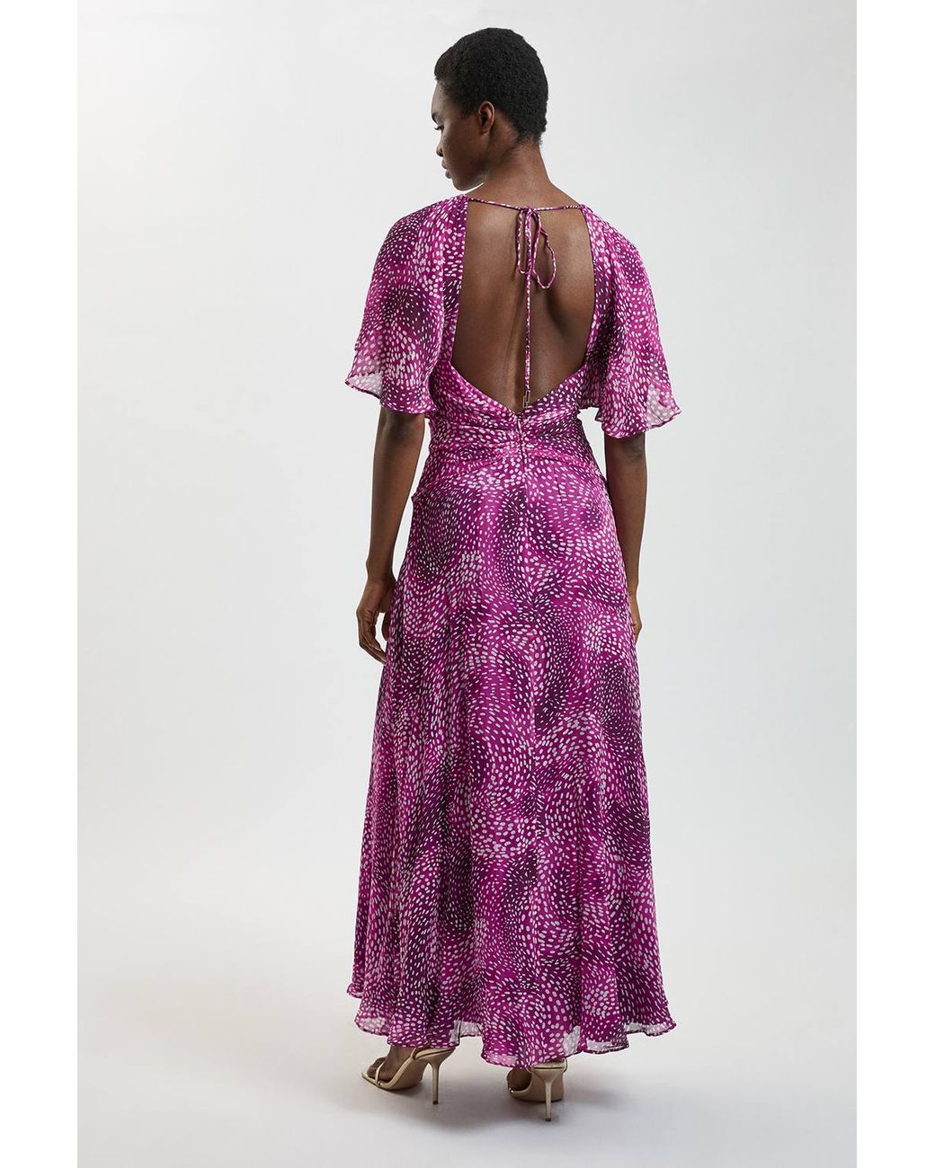 Karen Millen Purple Spot Print Viscose Georgette Cape Sleeve Ruffle Woven Maxi Dress