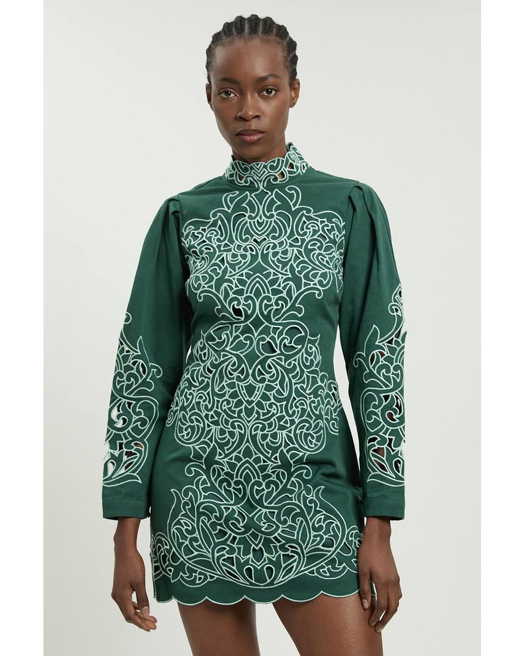 Karen Millen Green Cotton Cutwork Twill Woven Mini Dress