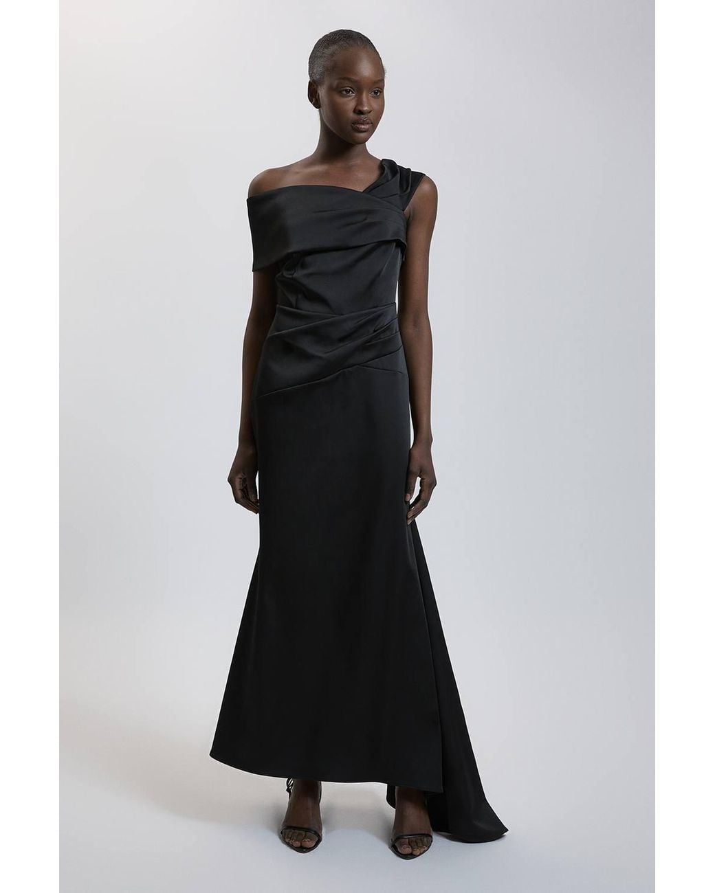 Karen Millen Black Tailored Satin Drape Asymmetric Maxi Fishtail Dress