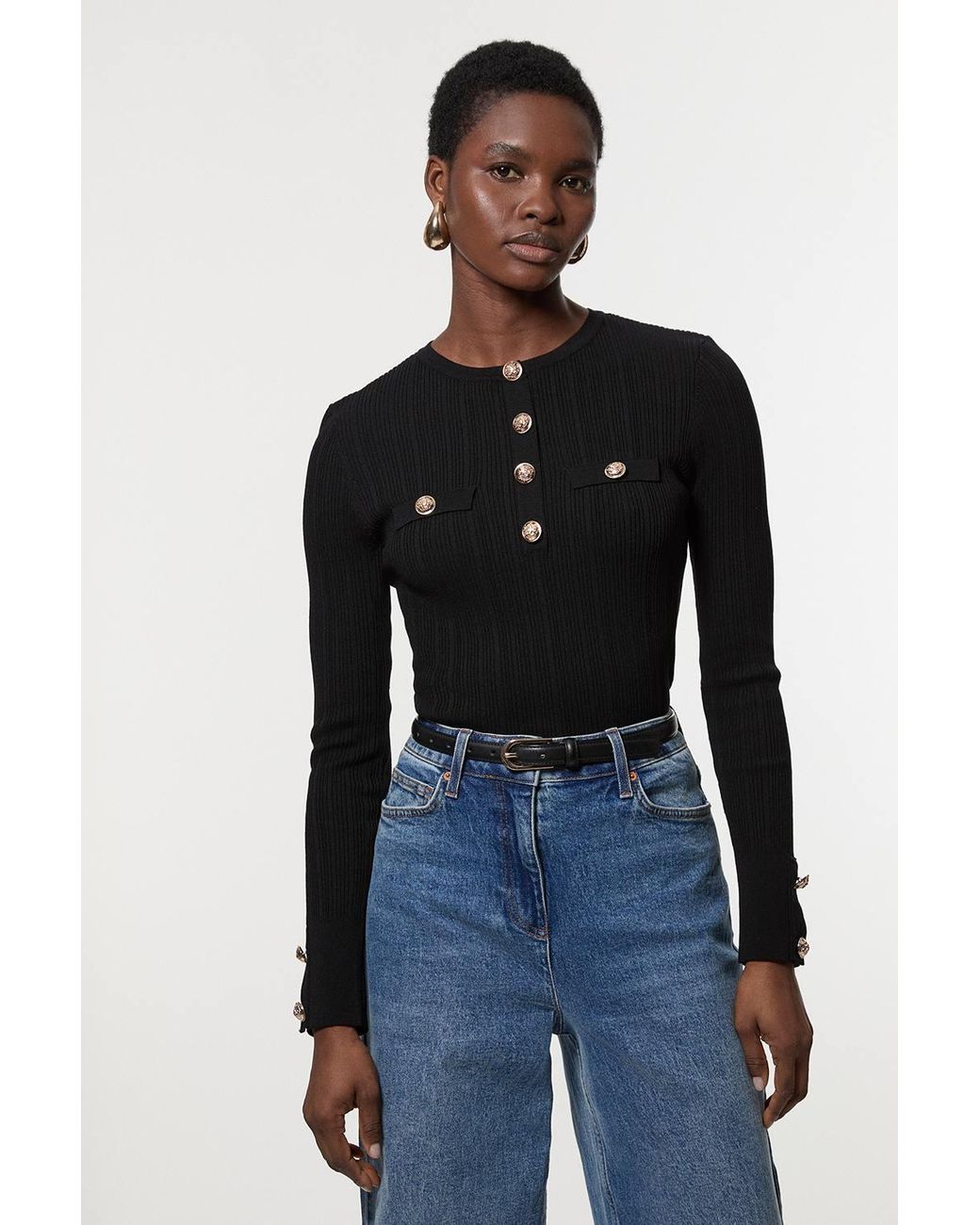 Karen Millen Blue Forever Military Trim Rib Long Sleeve Knit Top